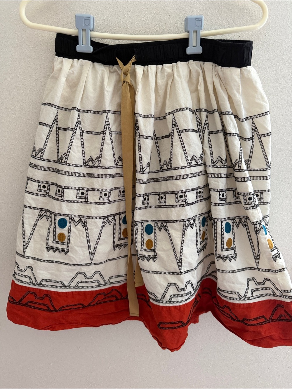 Bohemian Cream Circle Skirt with Red Hem and Mustard Tie